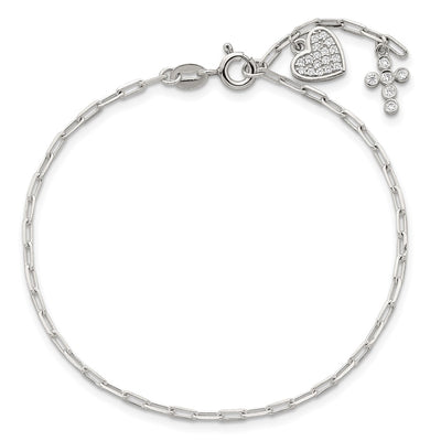 Sterling Silver Polished White CZ Heart and Cross Charms with Extension Bracelet