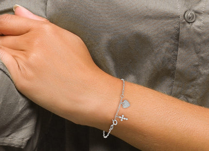 Sterling Silver Polished White CZ Heart and Cross Charms with Extension Bracelet