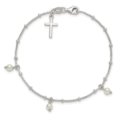 Sterling Silver Polished and Beaded with Glass Pearls and Cross Charm Bracelet