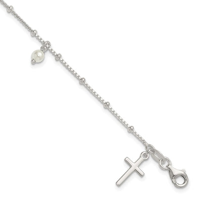 Sterling Silver Polished and Beaded with Glass Pearls and Cross Charm Bracelet