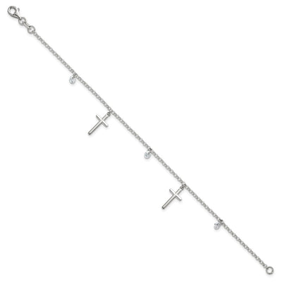 Sterling Silver Polished White CZ Dangles and Cross Charm Bracelet