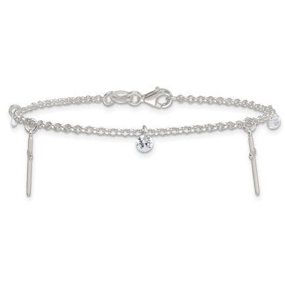 Sterling Silver Polished White CZ Dangles and Cross Charm Bracelet