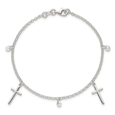 Sterling Silver Polished White CZ Dangles and Cross Charm Bracelet