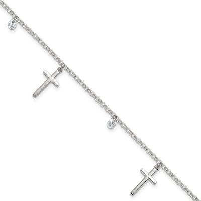 Sterling Silver Polished White CZ Dangles and Cross Charm Bracelet
