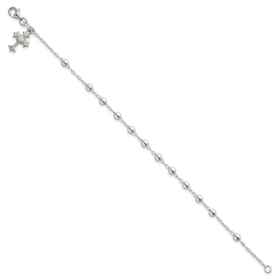 Sterling Silver Polished Beaded with White CZ Fleur de Lis Cross Charm Bracelet