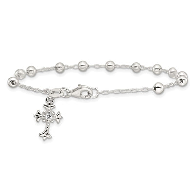 Sterling Silver Polished Beaded with White CZ Fleur de Lis Cross Charm Bracelet