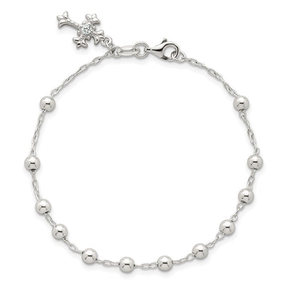Sterling Silver Polished Beaded with White CZ Fleur de Lis Cross Charm Bracelet