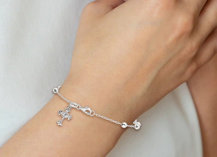 Sterling Silver Polished Beaded with White CZ Fleur de Lis Cross Charm 7. Bracelet