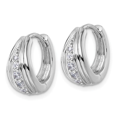 Sterling Silver Rhodium-plated Polished and Grooved White CZ Polished Hinged Hoop Earrings