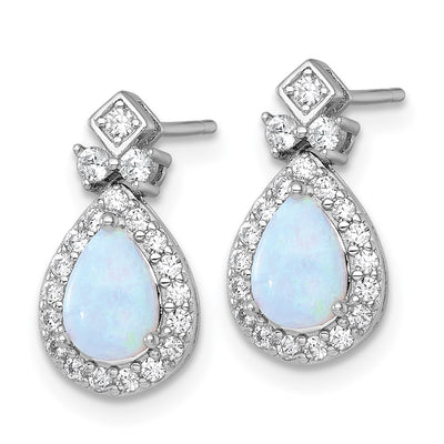 Sterling Silver Rhodium-plated Polished Lab Created Opal and CZ Teardrop Halo Dangle Post Earrings
