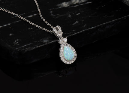 Sterling Silver Rhodium-plated Polished Lab Created Opal and CZ Teardrop Halo Chain Slide Pendant