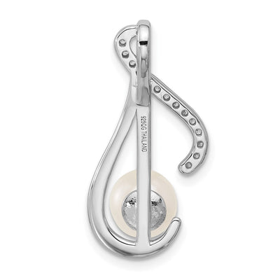 Sterling Silver Rhodium-plated Polished CZ and Freshwater Cultured Pearl Swirl Chain Slide Pendant