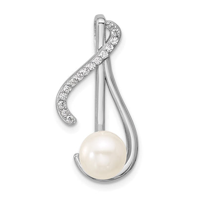 Sterling Silver Rhodium-plated Polished CZ and Freshwater Cultured Pearl Swirl Chain Slide Pendant