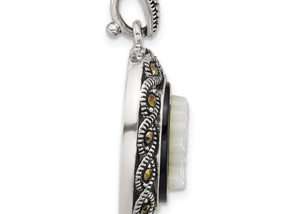 Sterling Silver Antiqued Marcasite with Black Agate and Mother of Pearl Cameo Pendant, 30.9 x 17.5mm