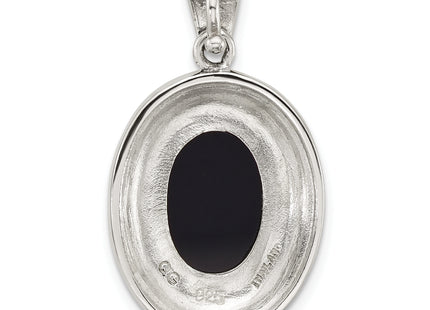 Sterling Silver Antiqued Marcasite with Black Agate and Mother of Pearl Cameo Pendant, 30.9 x 17.5mm
