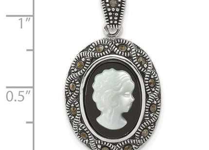Sterling Silver Antiqued Marcasite with Black Agate and Mother of Pearl Cameo Pendant, 30.9 x 17.5mm