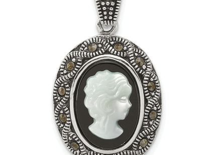 Sterling Silver Antiqued Marcasite with Black Agate and Mother of Pearl Cameo Pendant, 30.9 x 17.5mm