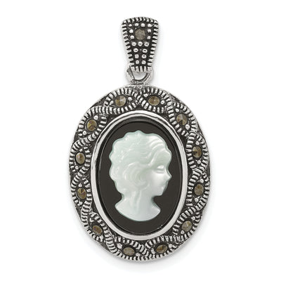 Sterling Silver Antiqued Marcasite with Black Agate and Mother of Pearl Cameo Pendant, 30.9 x 17.5mm