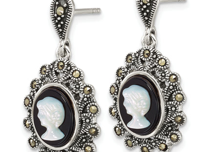 Sterling Silver Antiqued Marcasite with Black Agate and Mother of Pearl Cameo Dangle Post Earrings