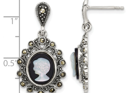 Sterling Silver Antiqued Marcasite with Black Agate and Mother of Pearl Cameo Dangle Post Earrings
