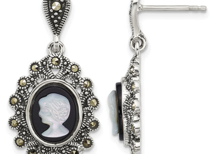Sterling Silver Antiqued Marcasite with Black Agate and Mother of Pearl Cameo Dangle Post Earrings
