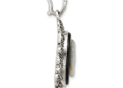 Sterling Silver Antiqued Marcasite with Black Agate and Mother of Pearl Cameo Pendant (Style QG7182P)