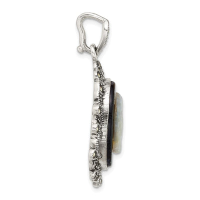 Sterling Silver Antiqued Marcasite with Black Agate and Mother of Pearl Cameo Pendant, 42.7 x 24.5mm