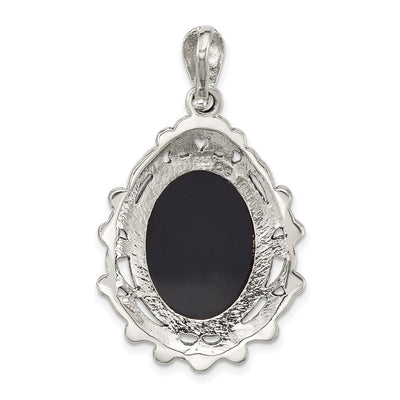 Sterling Silver Antiqued Marcasite with Black Agate and Mother of Pearl Cameo Pendant, 30.9 x 17.5mm