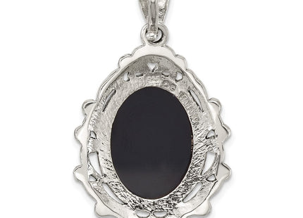 Sterling Silver Antiqued Marcasite with Black Agate and Mother of Pearl Cameo Pendant (Style QG7182P)