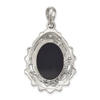 Sterling Silver Antiqued Marcasite with Black Agate and Mother of Pearl Cameo Pendant, 42.7 x 24.5mm