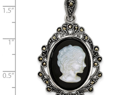 Sterling Silver Antiqued Marcasite with Black Agate and Mother of Pearl Cameo Pendant (Style QG7182P)