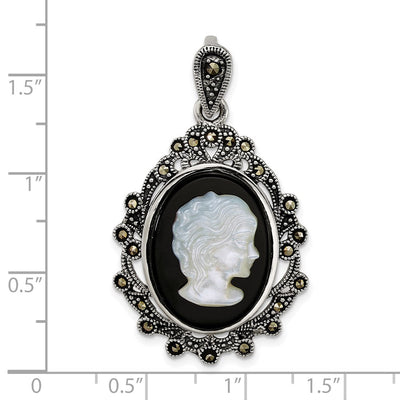 Sterling Silver Antiqued Marcasite with Black Agate and Mother of Pearl Cameo Pendant, 42.7 x 24.5mm