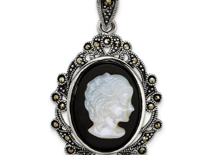 Sterling Silver Antiqued Marcasite with Black Agate and Mother of Pearl Cameo Pendant (Style QG7182P)