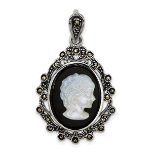 Sterling Silver Antiqued Marcasite with Black Agate and Mother of Pearl Cameo Pendant (Style QG7182P)