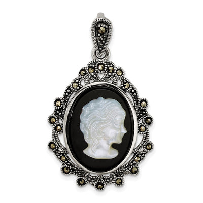 Sterling Silver Antiqued Marcasite with Black Agate and Mother of Pearl Cameo Pendant, 42.7 x 24.5mm