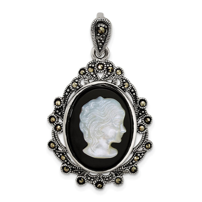 Sterling Silver Antiqued Marcasite with Black Agate and Mother of Pearl Cameo Pendant, 42.7 x 24.5mm