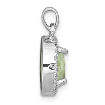 Sterling Silver Rhodium-plated Polished CZ Halo and Faceted Prehnite Circle Pendant
