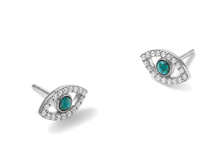 Sterling Silver Rhodium-plated Polished CZ and Compressed Turquoise Cabochon Evil Eye Post Earrings