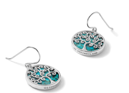 Sterling Silver Rhodium-plated Polished Compressed Turquoise Tree Of Life Shepherd Hook Earrings