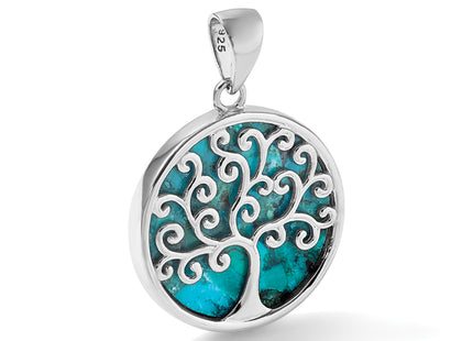 Sterling Silver Rhodium-plated Polished Compressed Turquoise Tree Of Life Pendant