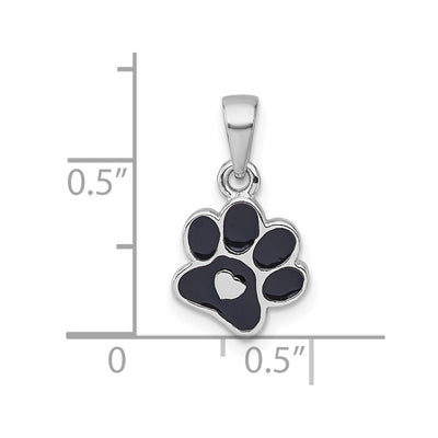 Sterling Silver Rhodium-plated Polished Black Enamel Paw Print with Heart Pendant
