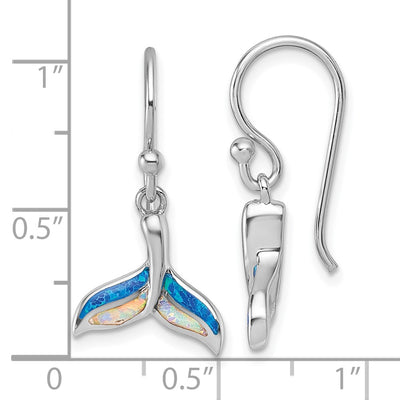 Sterling Silver Rhodium-plated Polished Lab Created Opal Whale Tail Dangle Shepherd Hook Earrings