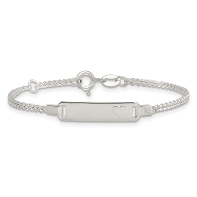 Sterling Silver Polished Raised Heart Curb Link Childrens with Extension ID Bracelet