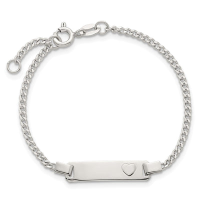 Sterling Silver Polished Raised Heart Curb Link Childrens with Extension ID Bracelet