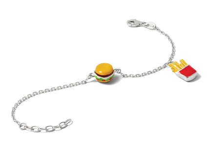 Sterling Silver Polished Multi-colored Enamel Burger and Fries Childrens with Extension Bracelet
