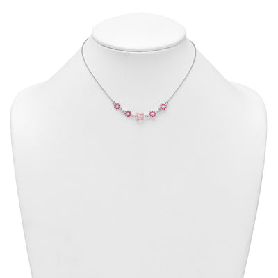 Sterling Silver Polished Pink Enameled Flowers and Pink Glass Butterfly Childrens Necklace