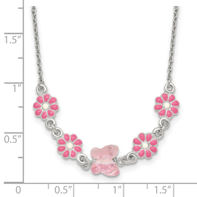 Sterling Silver Polished Pink Enameled Flowers and Pink Glass Butterfly Childrens Necklace
