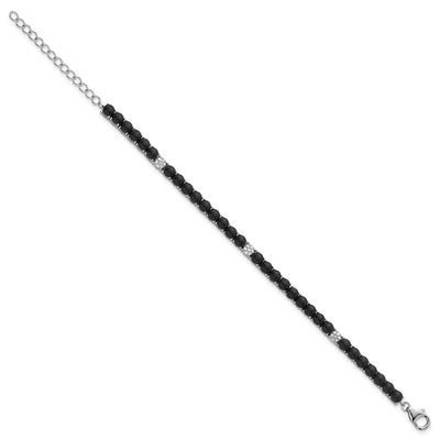 Sterling Silver Rhodium-plated Polished Pavé CZ and Onyx with Extension Bracelet