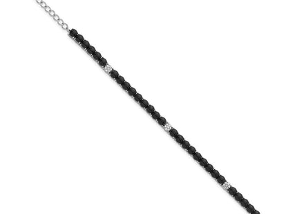 Sterling Silver Rhodium-plated Polished Pave CZ and Onyx 7. with 1. Extension Necklace