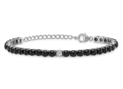 Sterling Silver Rhodium-plated Polished Pave CZ and Onyx 7. with 1. Extension Necklace